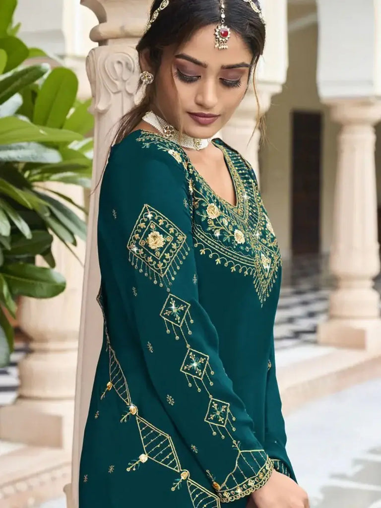 Dazzle Teal Blue Embroidered Georgette Occasion Wear Sharara Suits