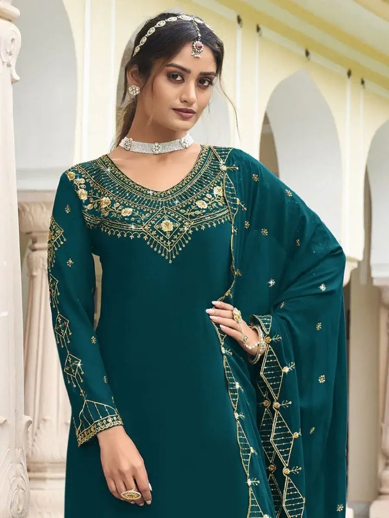 Dazzle Teal Blue Embroidered Georgette Occasion Wear Sharara Suits