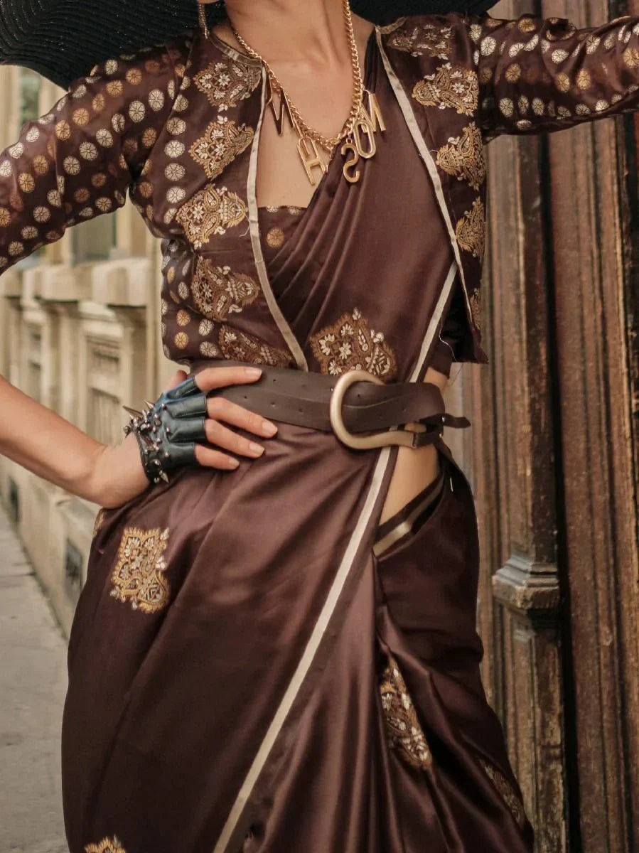 Gorgeous Brown Woven Satin Silk Traditional Saree With Blouse