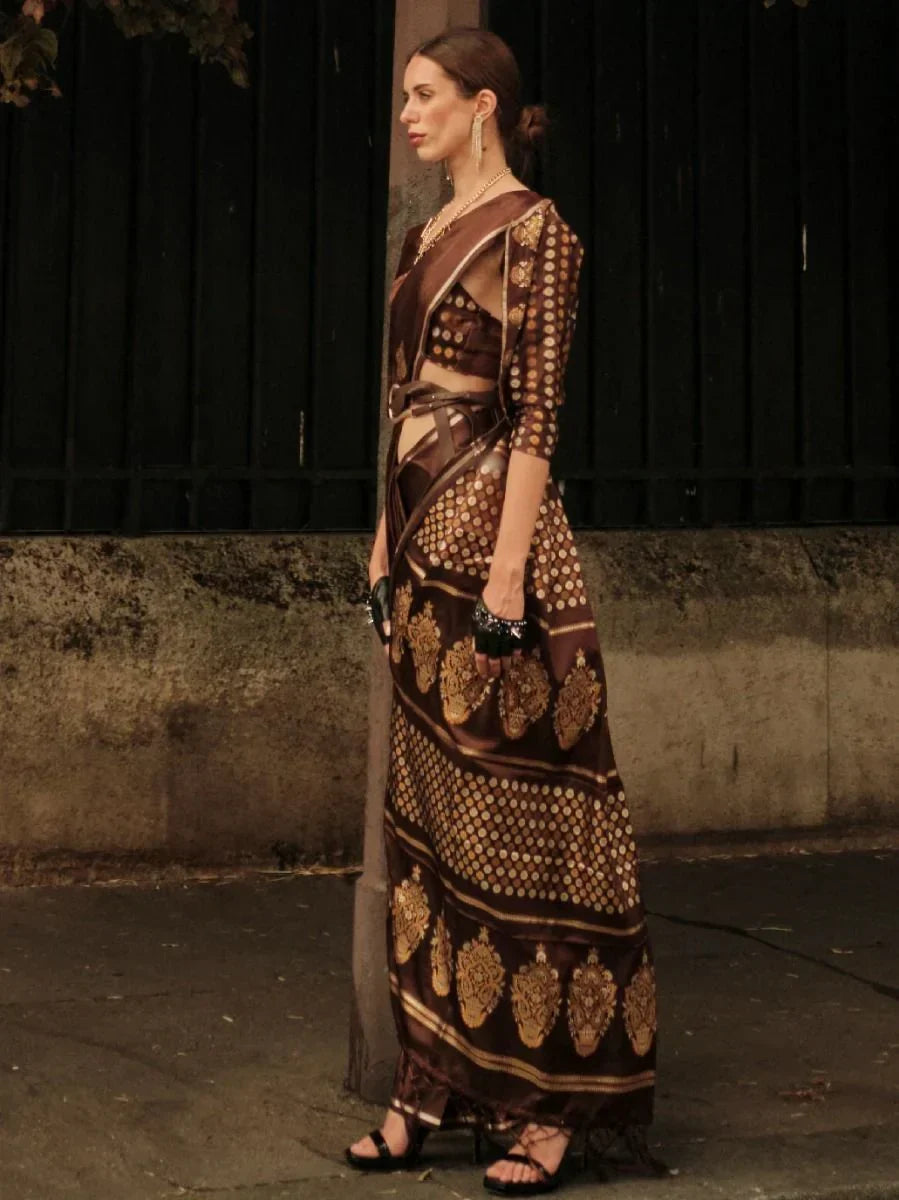 Gorgeous Brown Woven Satin Silk Traditional Saree With Blouse