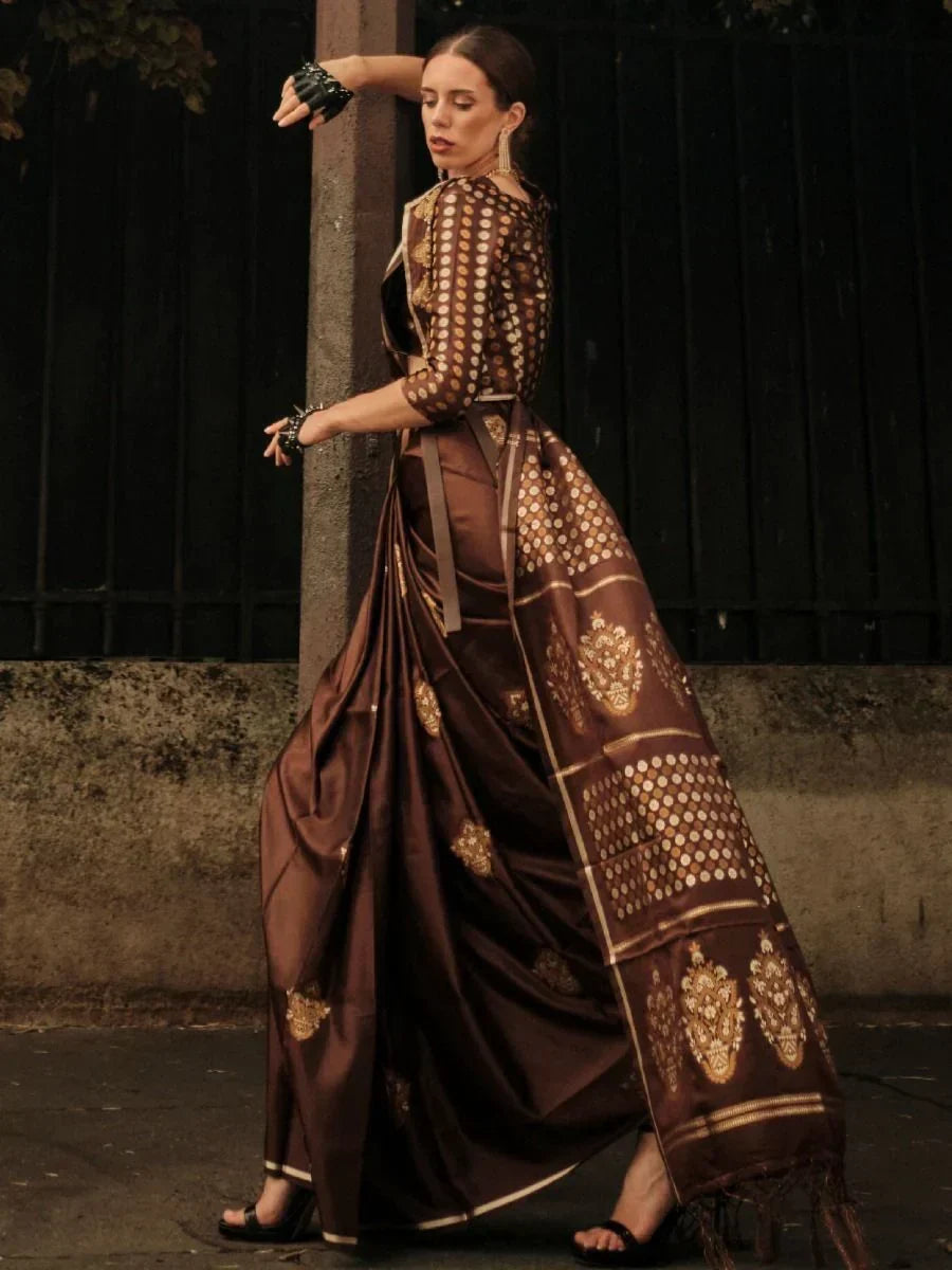 Gorgeous Brown Woven Satin Silk Traditional Saree With Blouse