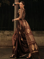 Gorgeous Brown Woven Satin Silk Traditional Saree With Blouse