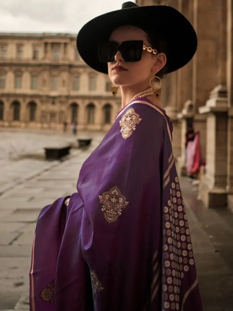 Attractive Purple Woven Satin Silk Festival Wear Saree With Blouse