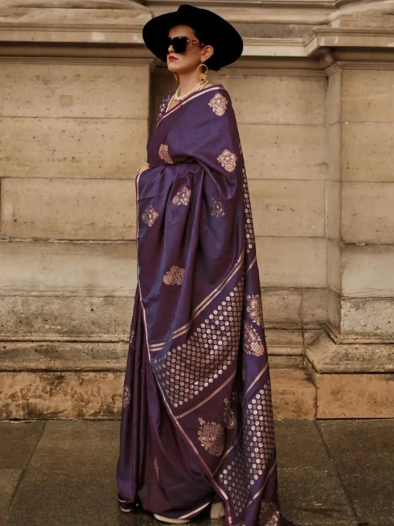 Attractive Purple Woven Satin Silk Festival Wear Saree With Blouse