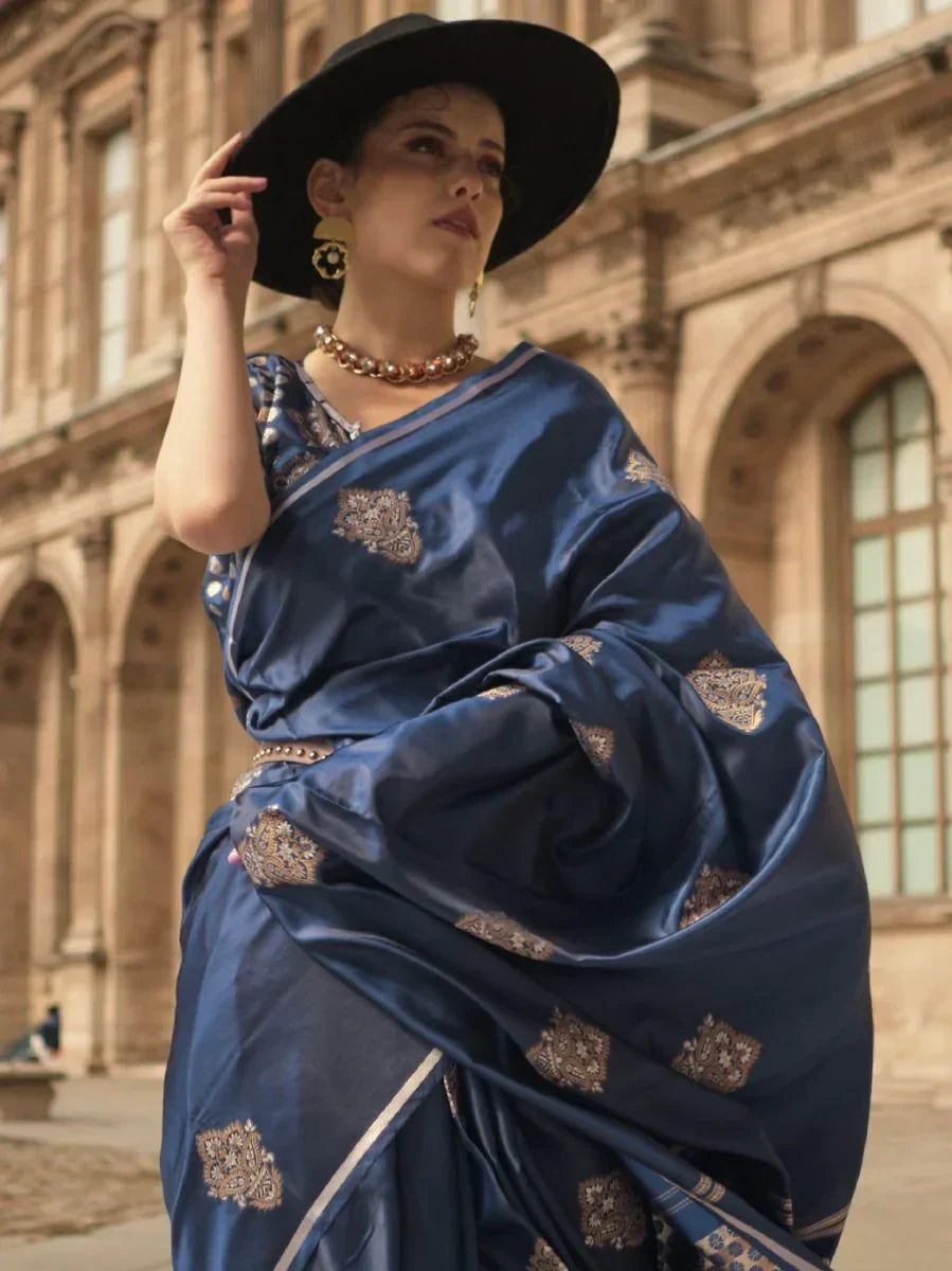 Beautiful Navy Blue Woven Satin Silk Wedding Wear Saree With Blouse