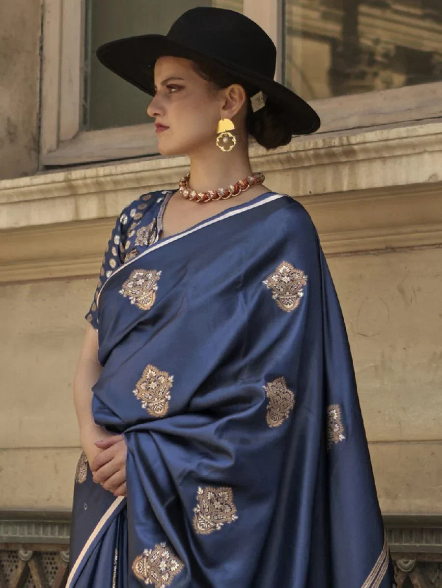 Beautiful Navy Blue Woven Satin Silk Wedding Wear Saree With Blouse