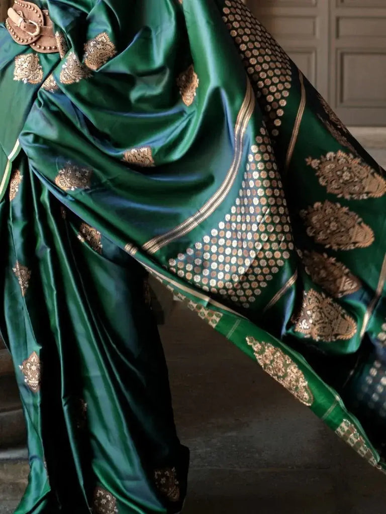 Perfect Green Woven Banarasi Satin Silk Reception Wear Saree