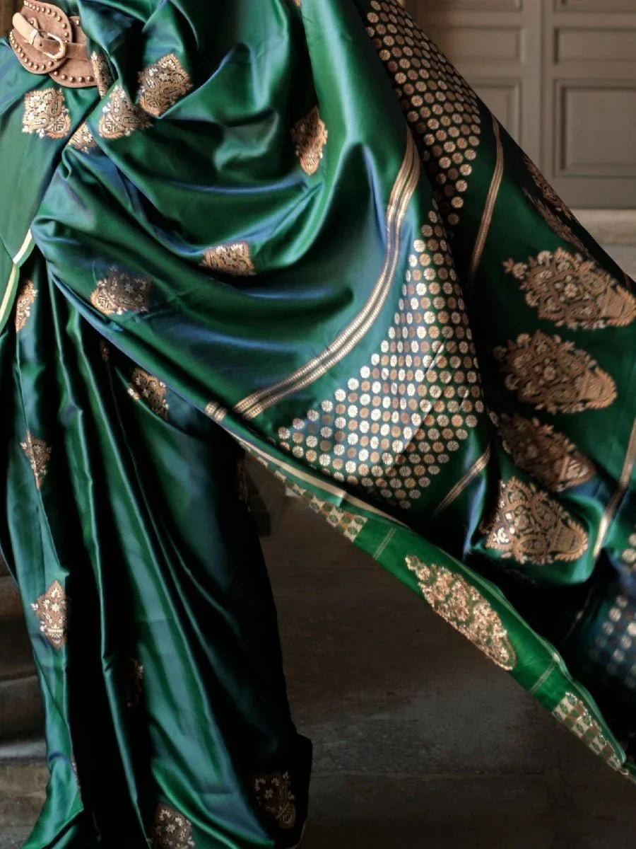 Perfect Green Woven Banarasi Satin Silk Reception Wear Saree