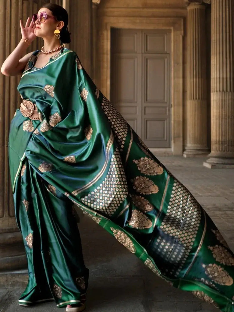 Perfect Green Woven Banarasi Satin Silk Reception Wear Saree
