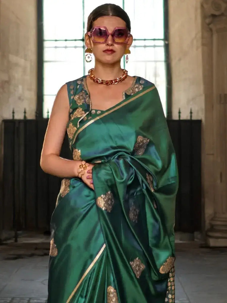Perfect Green Woven Banarasi Satin Silk Reception Wear Saree