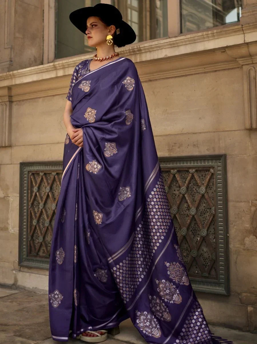 Delightful Blue Woven Banarasi Satin Silk Sangeet Wear Saree