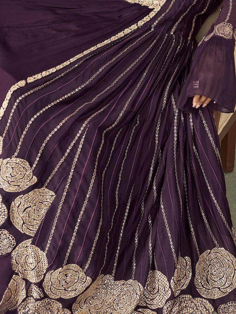 Stunning Purple Embroidered Georgette Festive Gown with Shrug