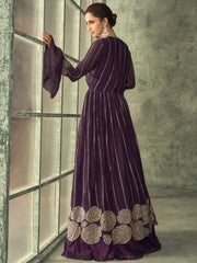 Stunning Purple Embroidered Georgette Festive Gown with Shrug