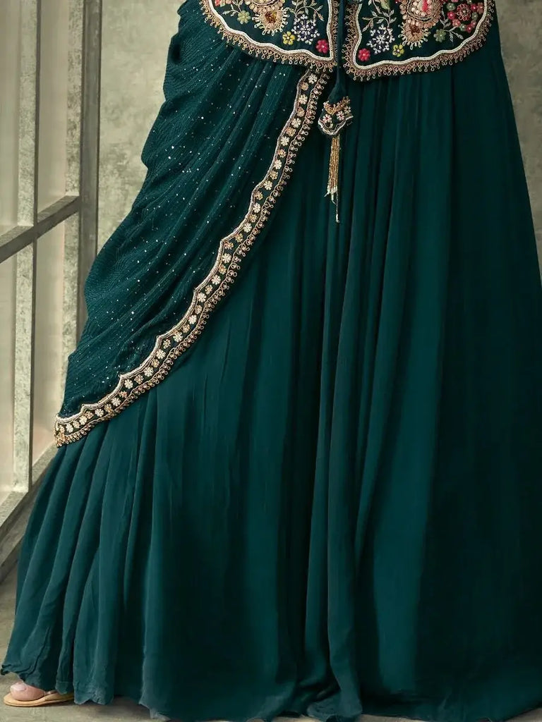 Sparkle Green Embroidered Georgette Festival Gown and Jacket
