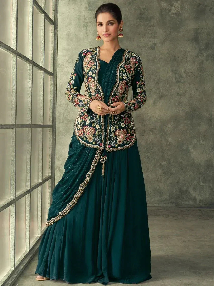 Emerald green embroidered ethnic gown with floral jacket, perfect for Indian weddings and festive occasions.