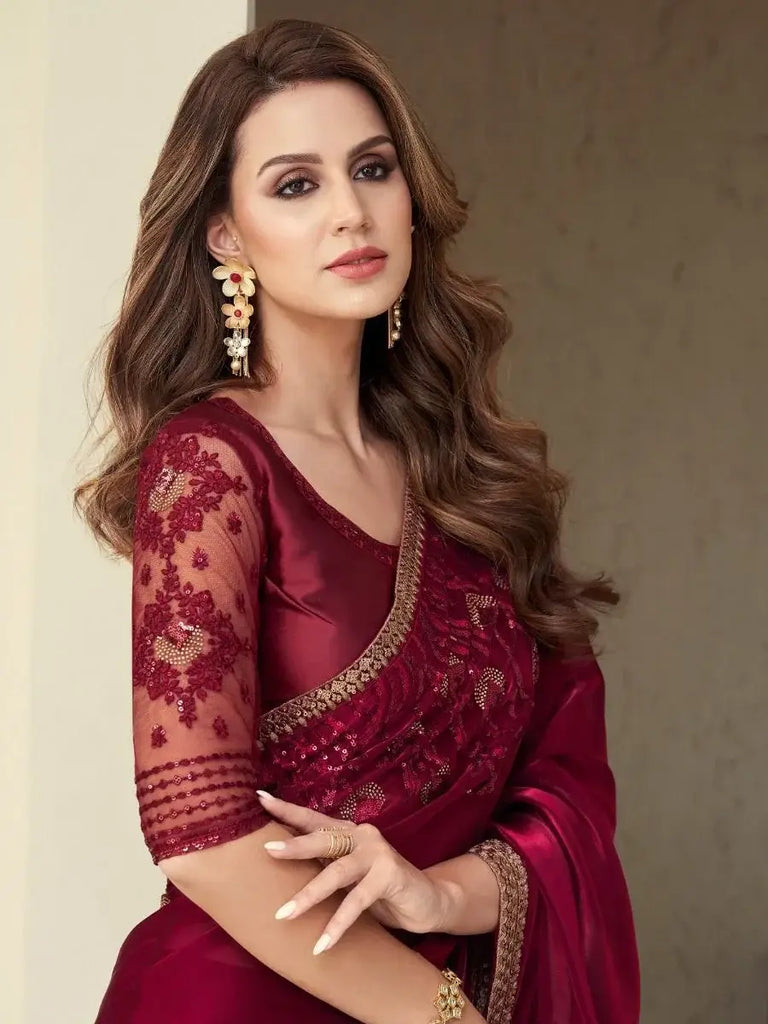 Glamorous Pink Sequin Work Silk Reception Wear Saree With Blouse