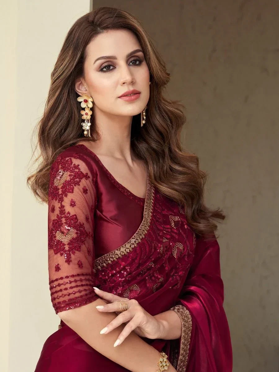 Glamorous Pink Sequin Work Silk Reception Wear Saree With Blouse