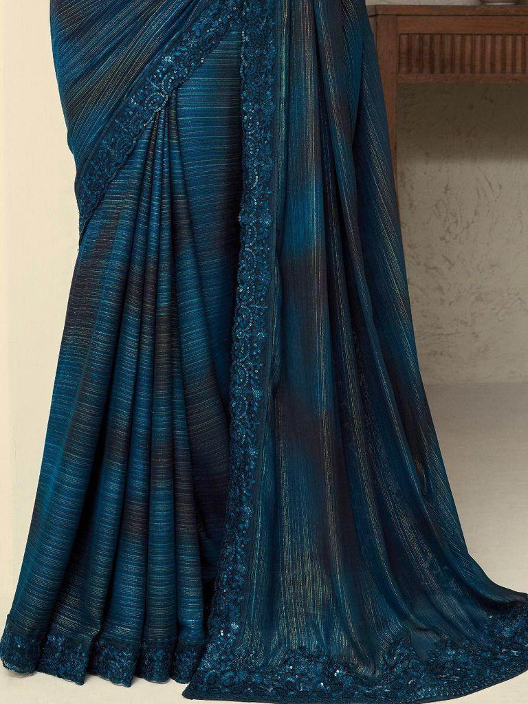 Sparkle Navy Blue Sequins Work Silk Reception Wear Saree With Blouse