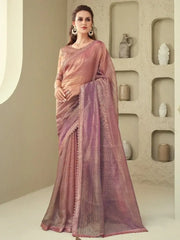 Glamour Peach Sequins Linen Reception Wear Saree With Blouse