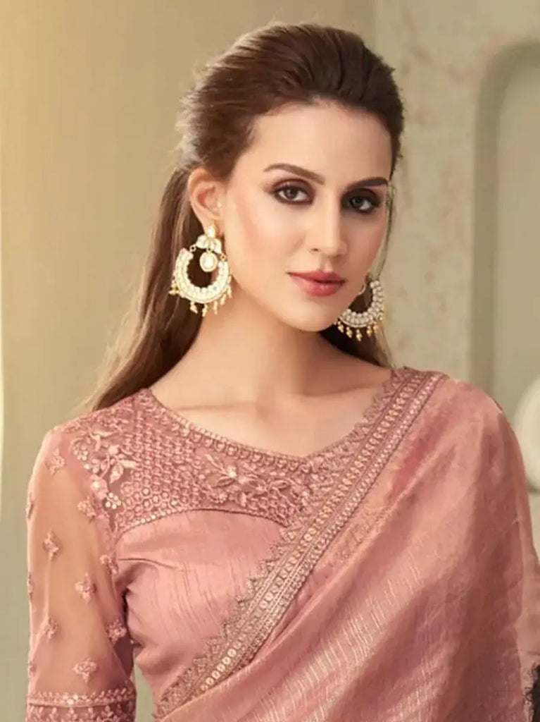 Glamour Peach Sequins Linen Reception Wear Saree With Blouse