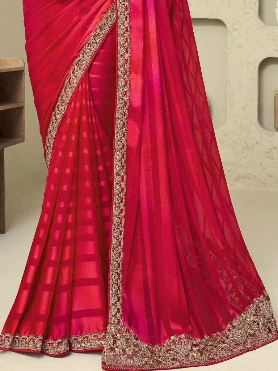 Radiate Red Sequins Work Silk Marriage Wear Saree With Blouse