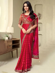 Radiate Red Sequins Work Silk Marriage Wear Saree With Blouse