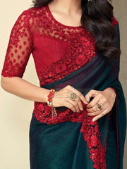 Ultimate Green-Red Sequins Work Silk Reception Wear Saree With Blouse
