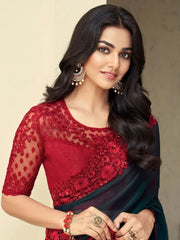 Ultimate Green-Red Sequins Work Silk Reception Wear Saree With Blouse