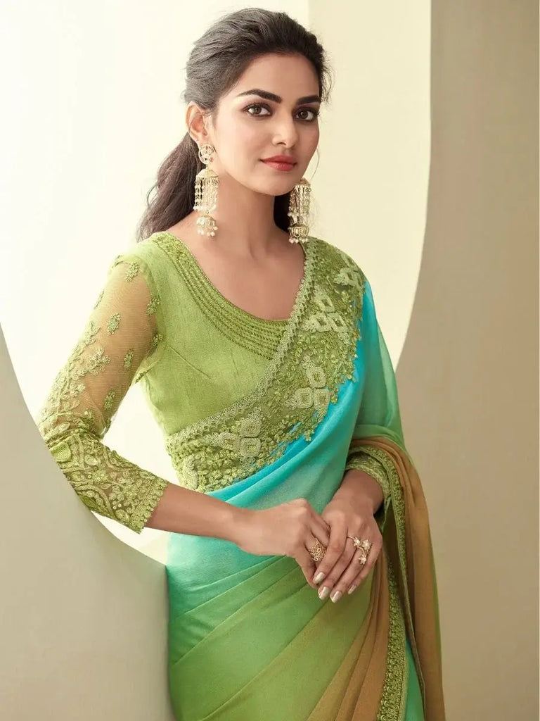 Stunning Multi-Coloured Sequins Work Silk Reception Wear Saree With Blouse