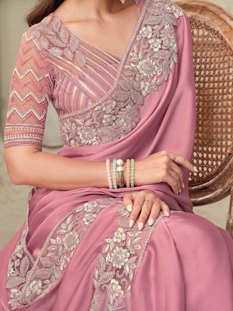 Graceful Pink Sequins Work Silk Reception Wear Saree With Blouse