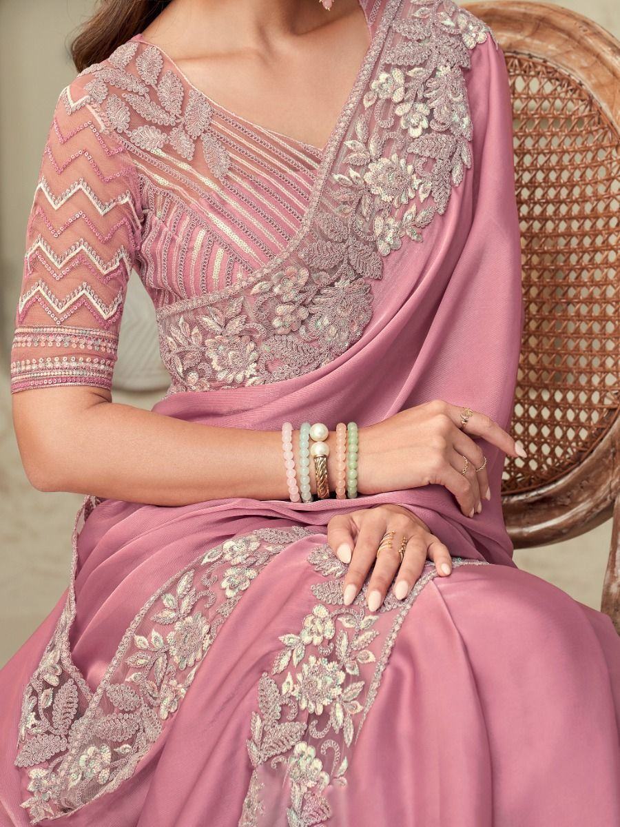 Graceful Pink Sequins Work Silk Reception Wear Saree With Blouse