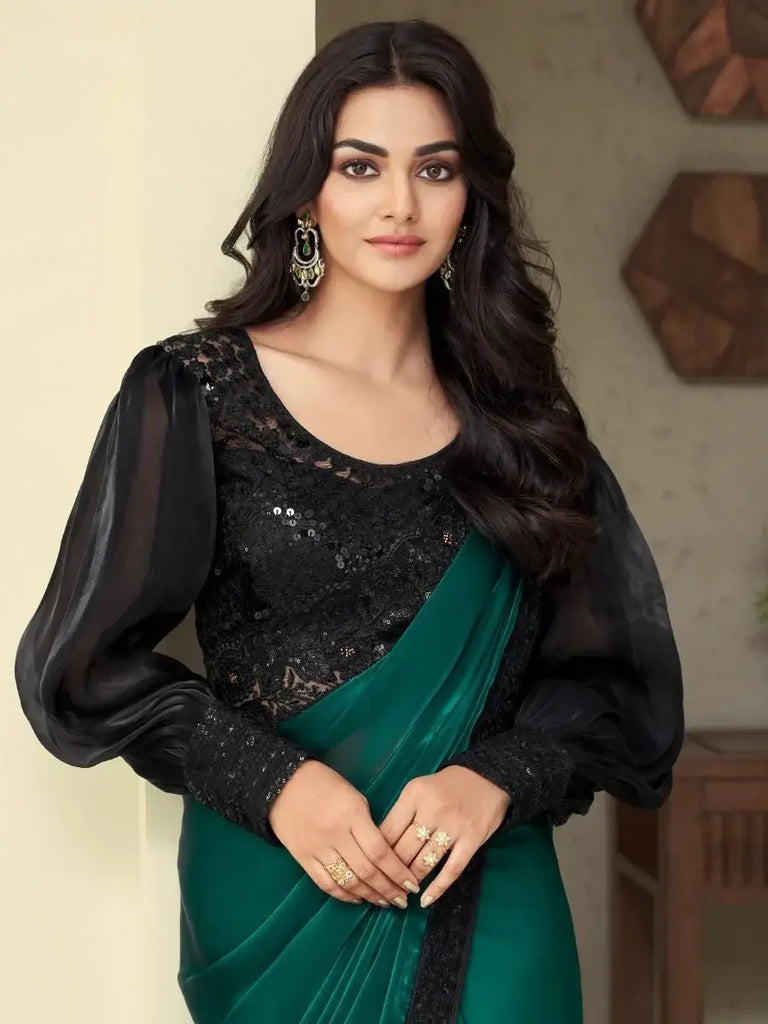 Rocking Green-Black Sequin Work Silk Reception Wear Saree With Blouse
