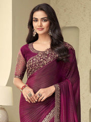 Flaunting Wine Sequins Work Silk Reception Wear Saree With Blouse