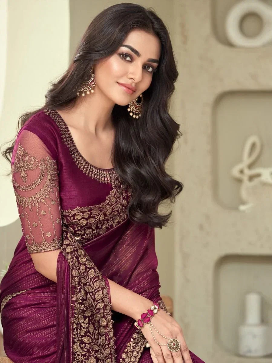 Flaunting Wine Sequins Work Silk Reception Wear Saree With Blouse