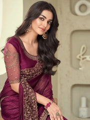 Flaunting Wine Sequins Work Silk Reception Wear Saree With Blouse