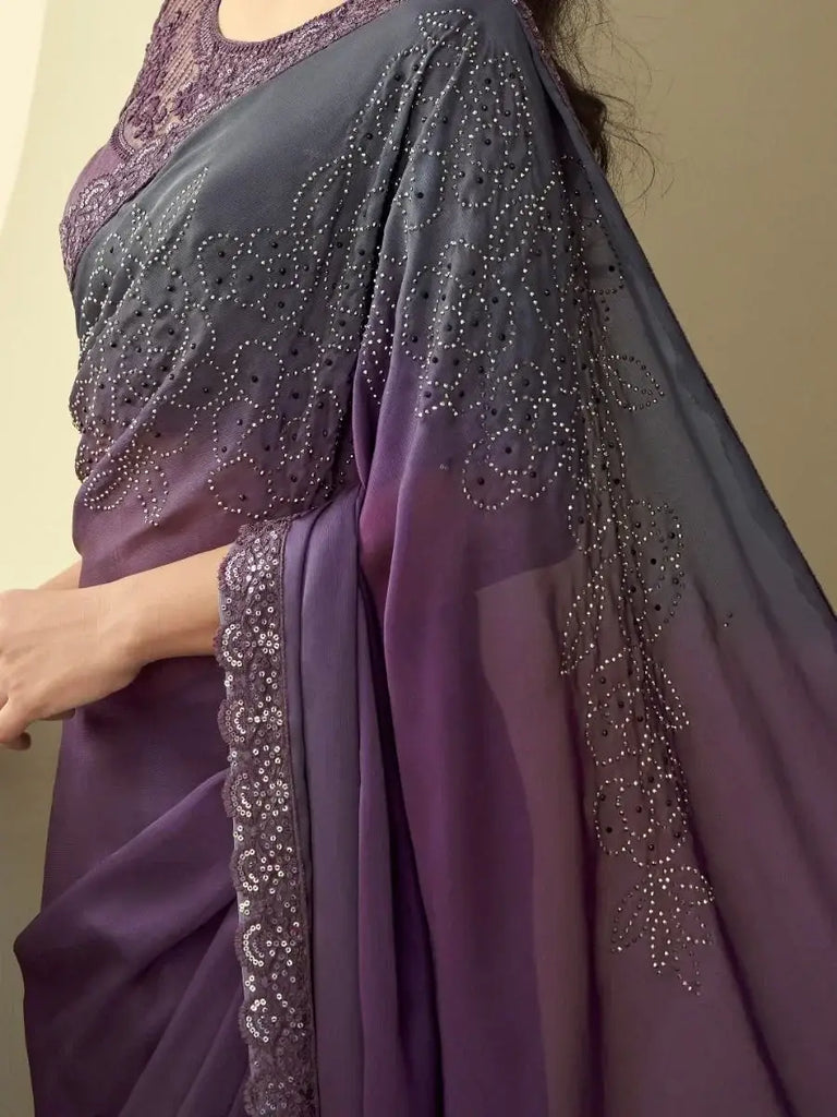 Majestic Purple Sequins Work Silk Reception Wear Saree With Blouse