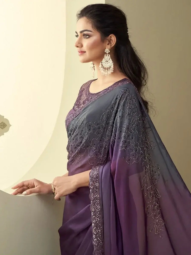 Majestic Purple Sequins Work Silk Reception Wear Saree With Blouse