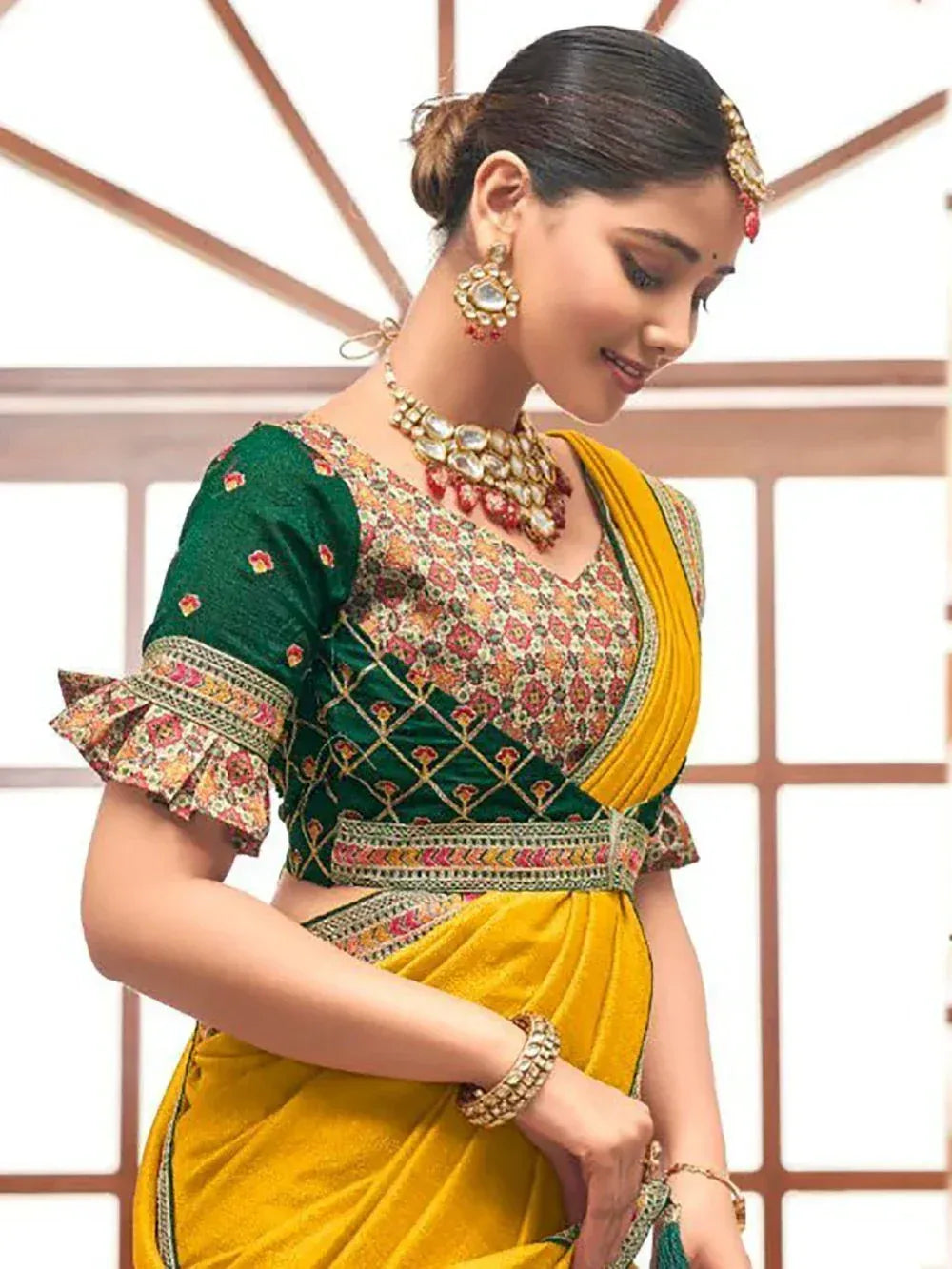 Yellow saree with green embroidered blouse, traditional Indian ethnic wear, designer lehenga choli style