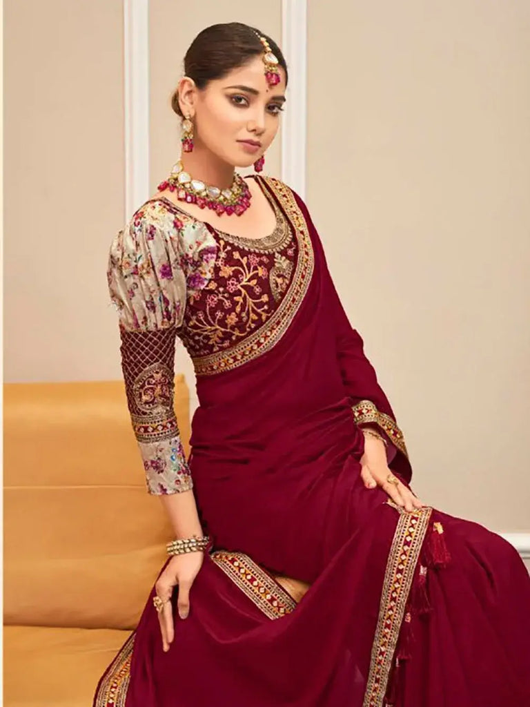 Fascinating Maroon Heavy Lace Work Vichitra Silk Wedding Wear Saree