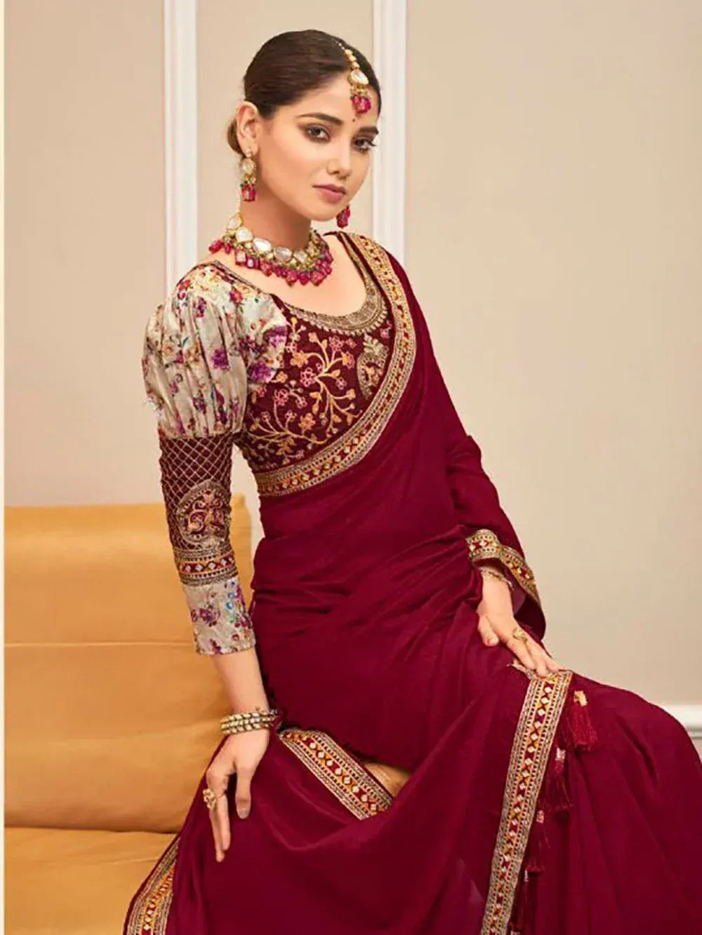 Maroon embroidered saree with floral blouse, perfect for Indian ethnic occasions and weddings