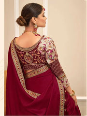 Fascinating Maroon Heavy Lace Work Vichitra Silk Wedding Wear Saree