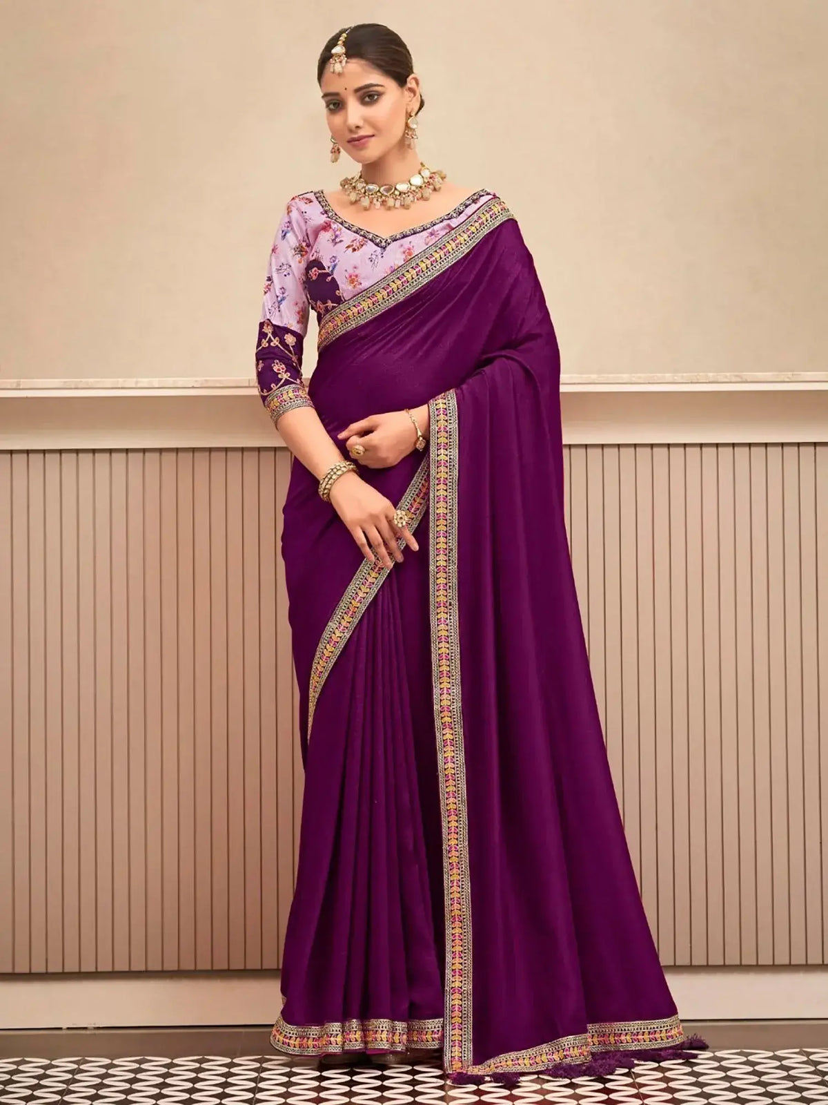 Mesmerizing Wine Heavy Lace Work Vichitra Silk Saree With Blouse