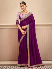 Mesmerizing Wine Heavy Lace Work Vichitra Silk Saree With Blouse