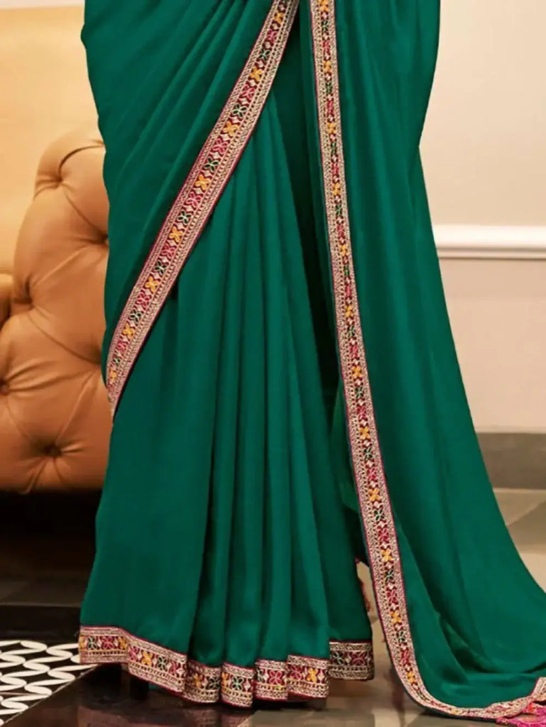Glamorous Green Heavy Lace Work Vichitra Silk Festival Wear Saree