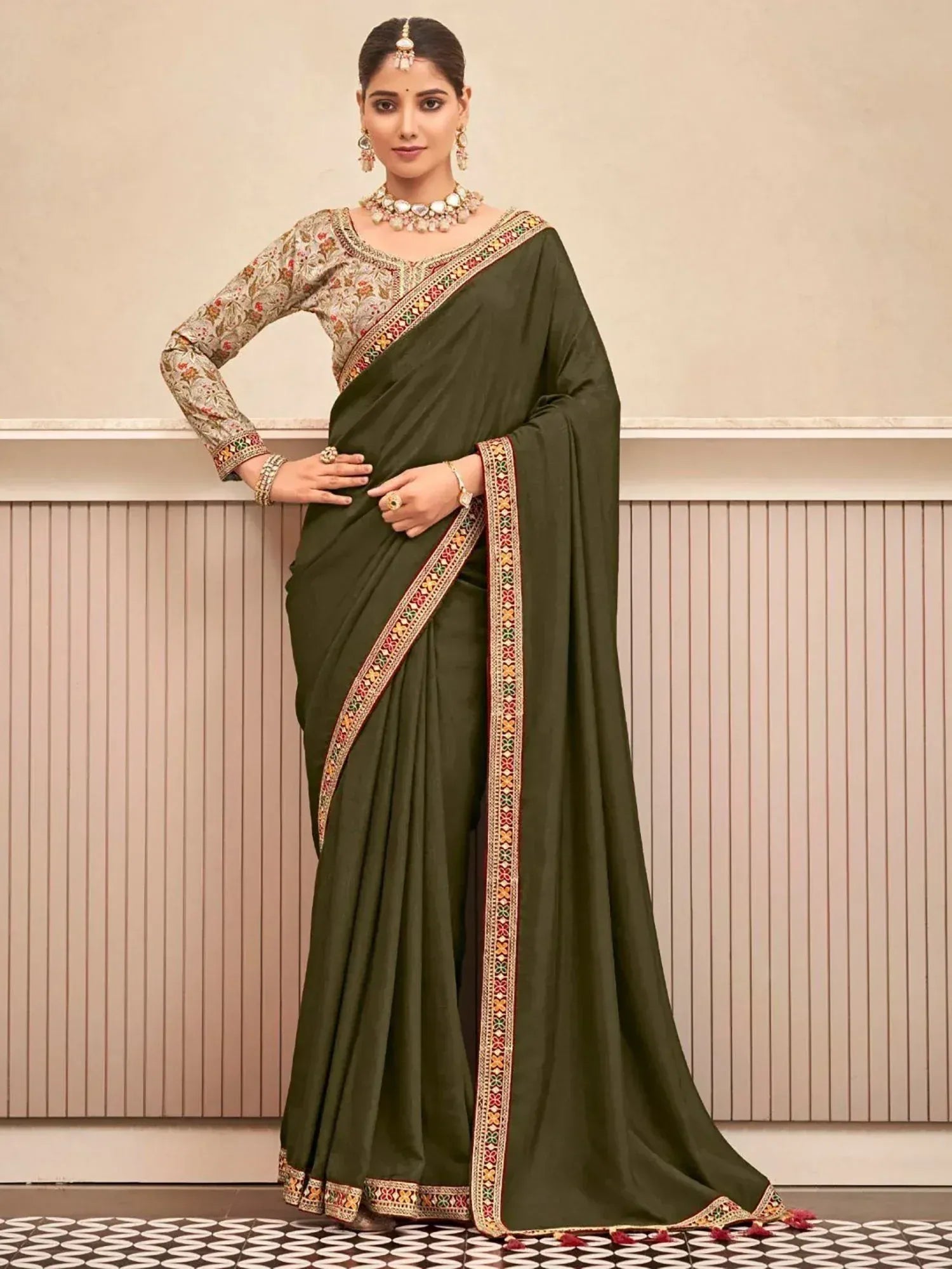 Olive green saree with embroidered border and floral blouse, Indian ethnic wear
