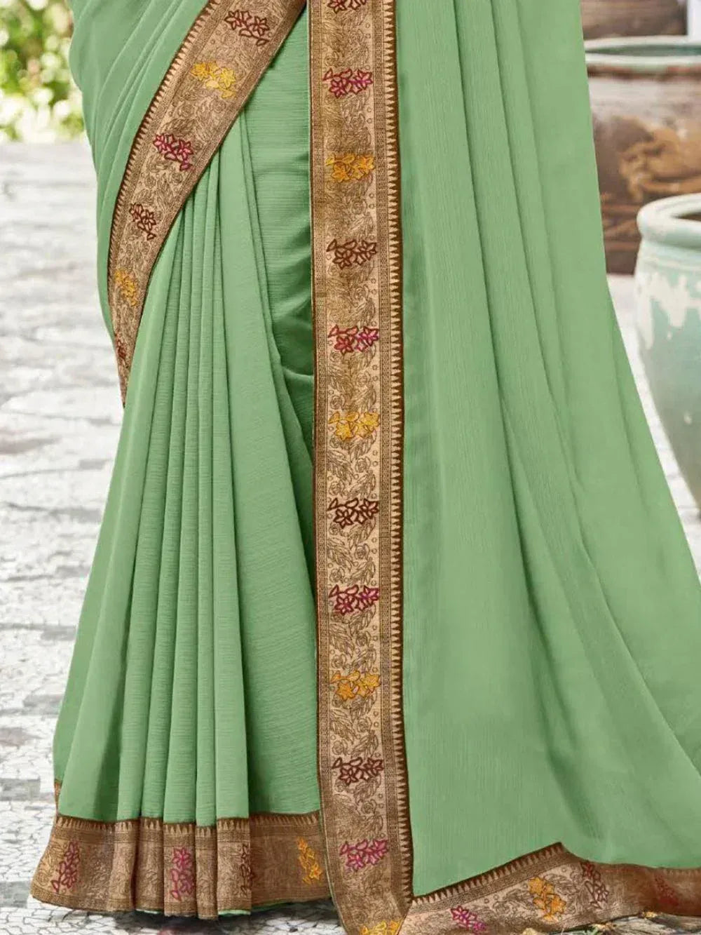Mint green saree with floral embroidered border, ethnic Indian wear for women