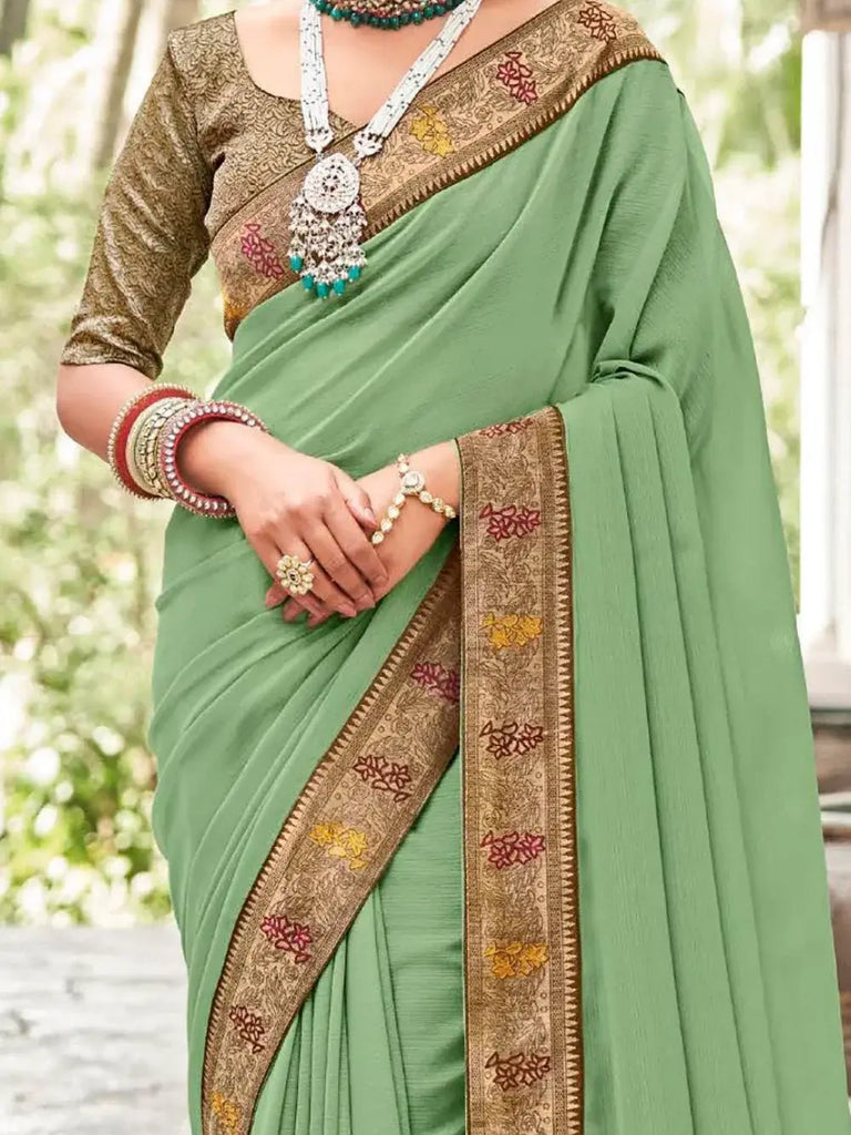 Fascinating Mint Green Heavy Lace Work Silk Function Wear Saree