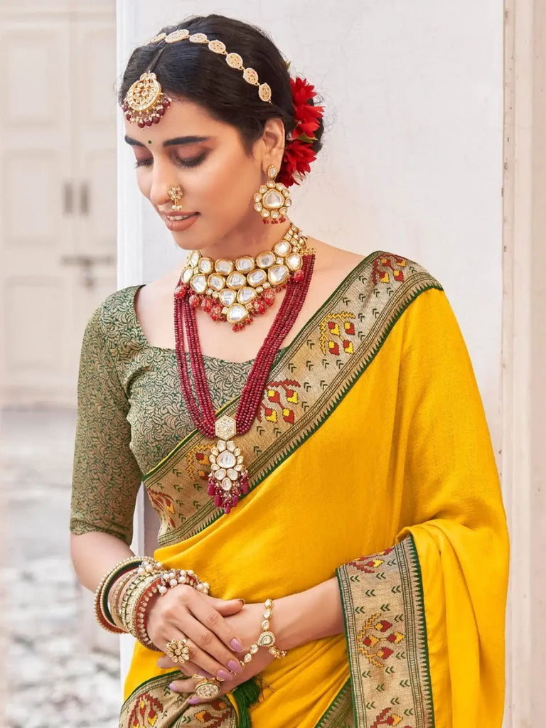 Bewitching Yellow Lace Work Silk Haldi Wear Saree With Blouse
