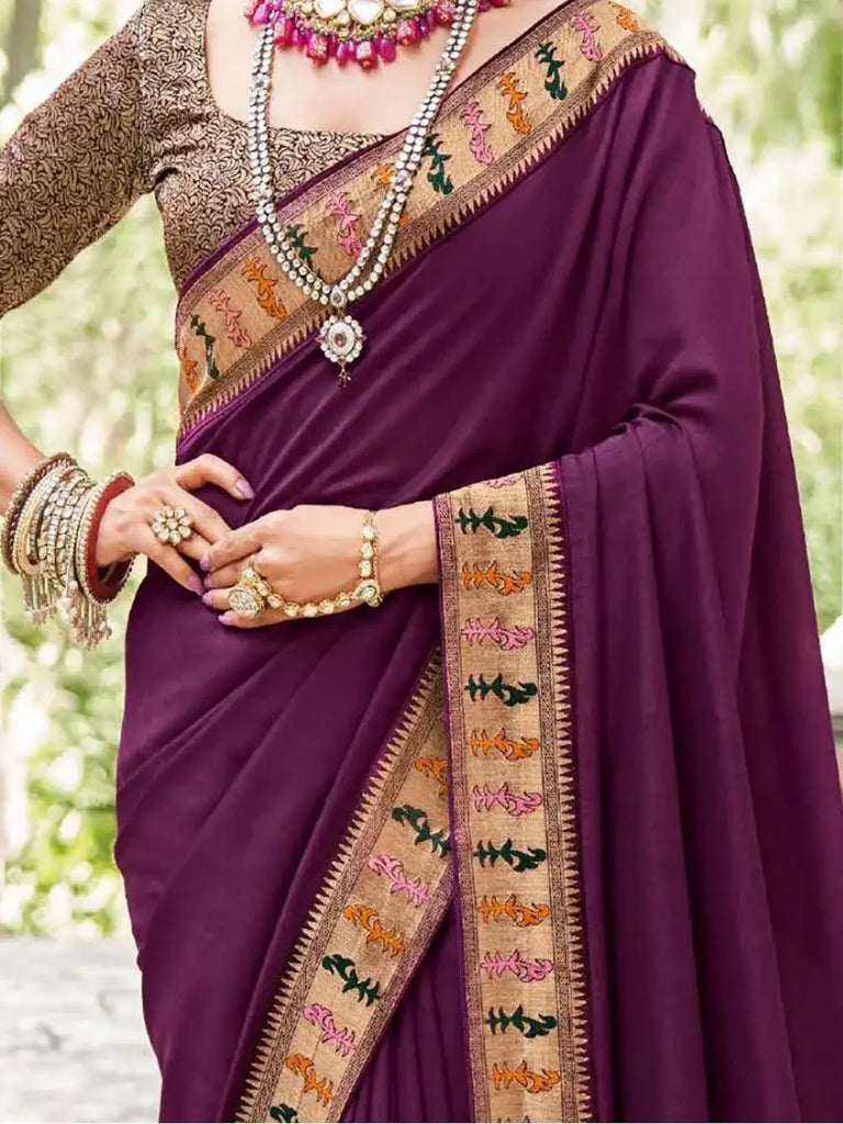 Mesmerizing Wine Lace Work Vichitra Silk Wedding Wear Saree