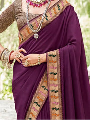 Mesmerizing Wine Lace Work Vichitra Silk Wedding Wear Saree